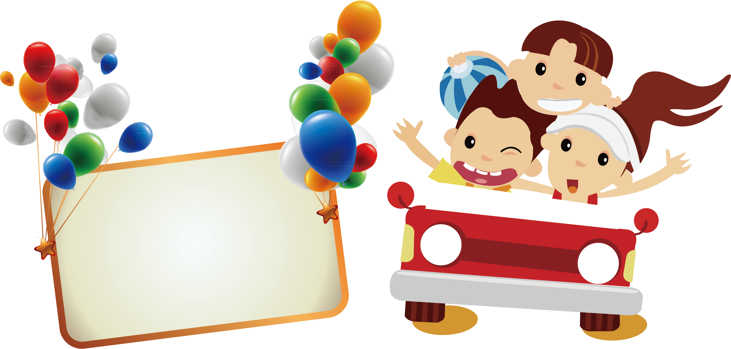 Cartoon Kids in Red Toy Car with Balloons