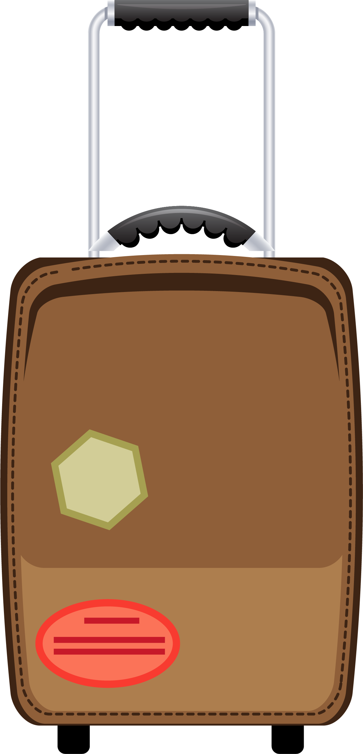 Brown Rolling Suitcase with Red Tag
