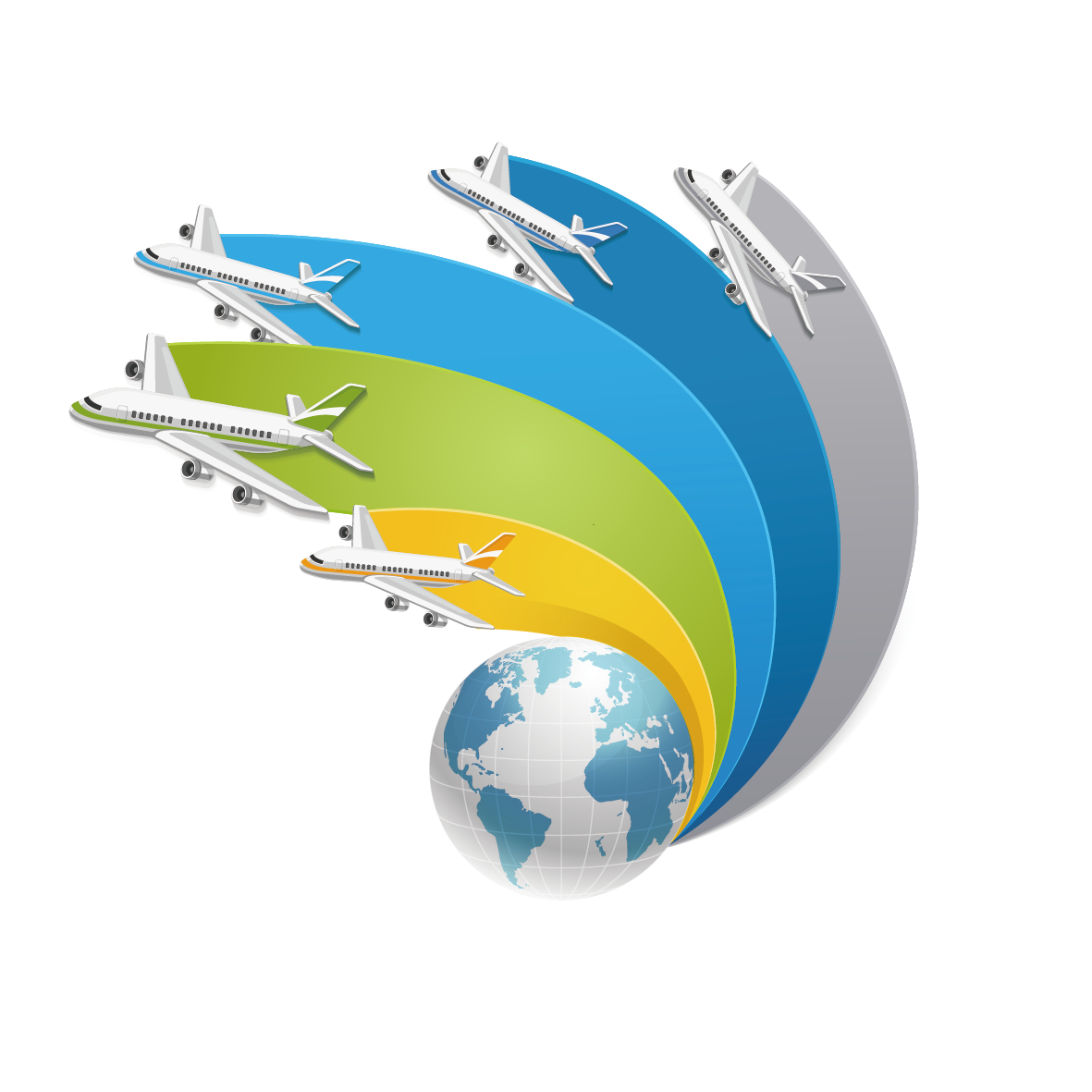 Airplane over Globe with Colorful Flight Paths