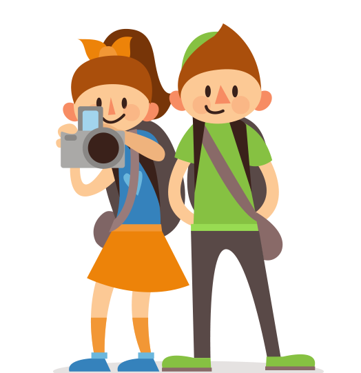 Cartoon Travelers with Camera and Backpacks