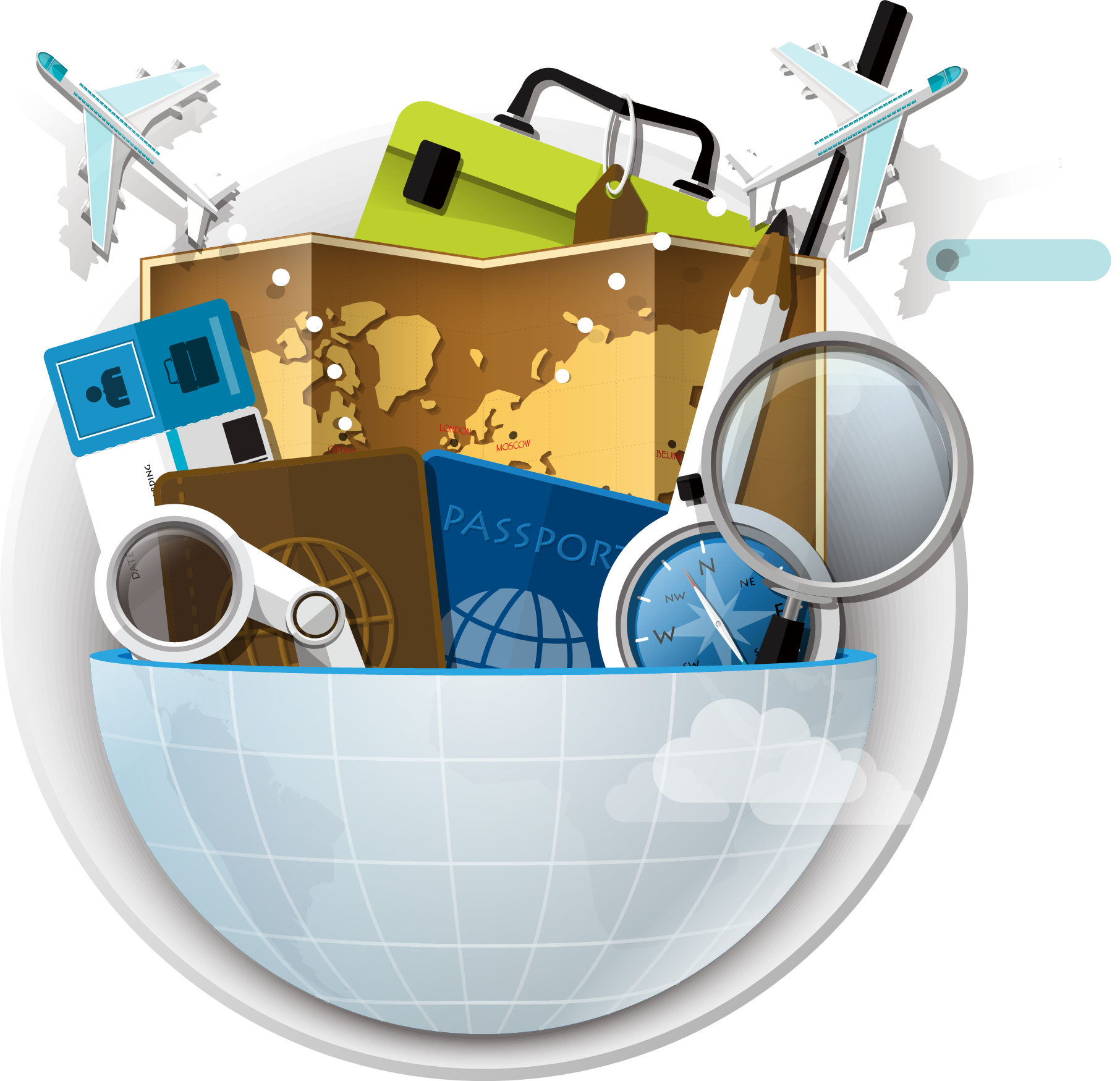 Blue Globe Bowl with Travel Items