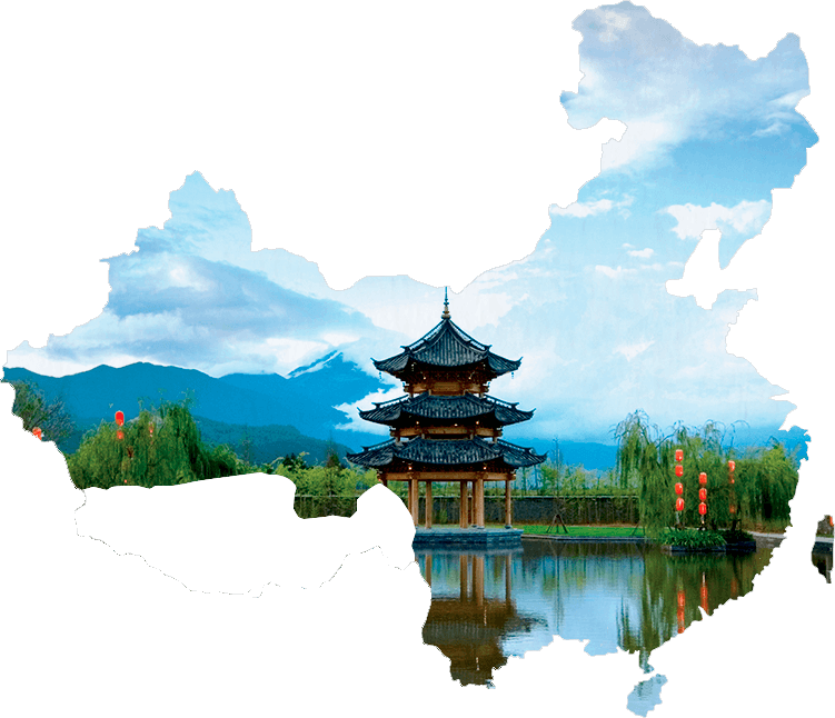 China Map with Snowy Peaks and Pagoda
