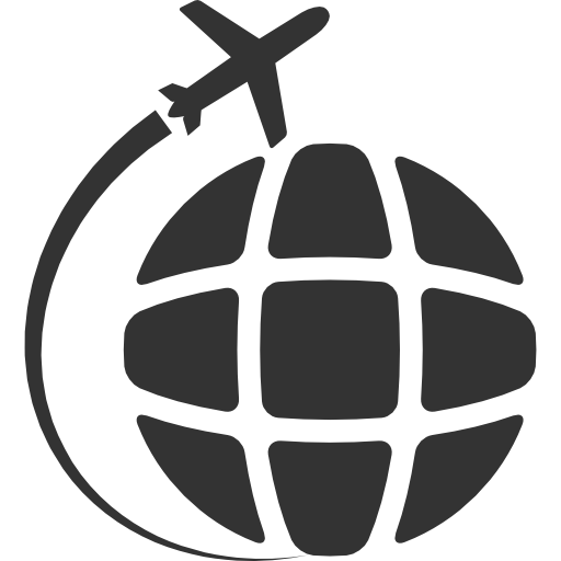 Dark Grey Globe Icon with Flying Airplane