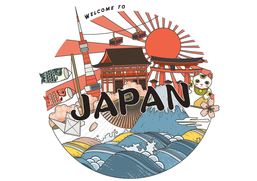 mount fuji tourism travel tourist attraction poster japanese manga style building