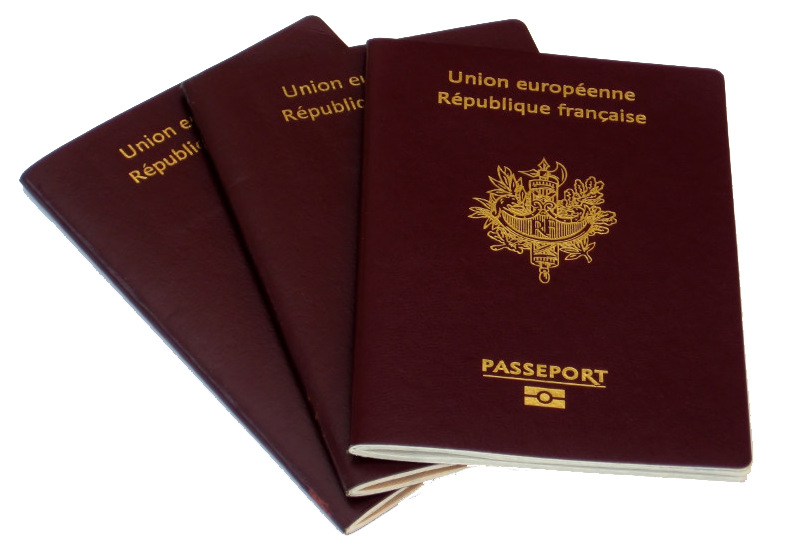 Three Burgundy French Passports Fanned Out
