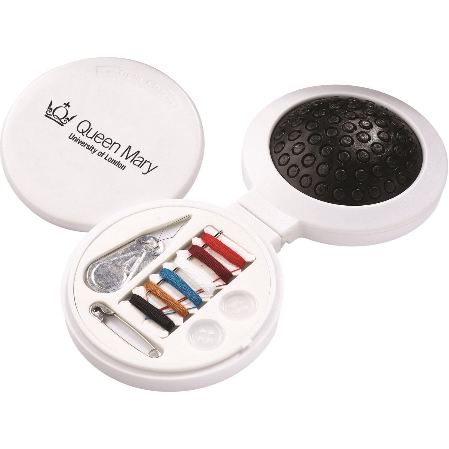 Round White Travel Sewing Kit with Black Lid