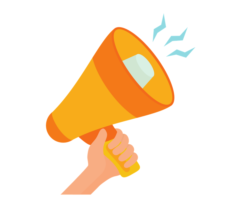 Hand Holding Orange Megaphone with Blue Sound Lines