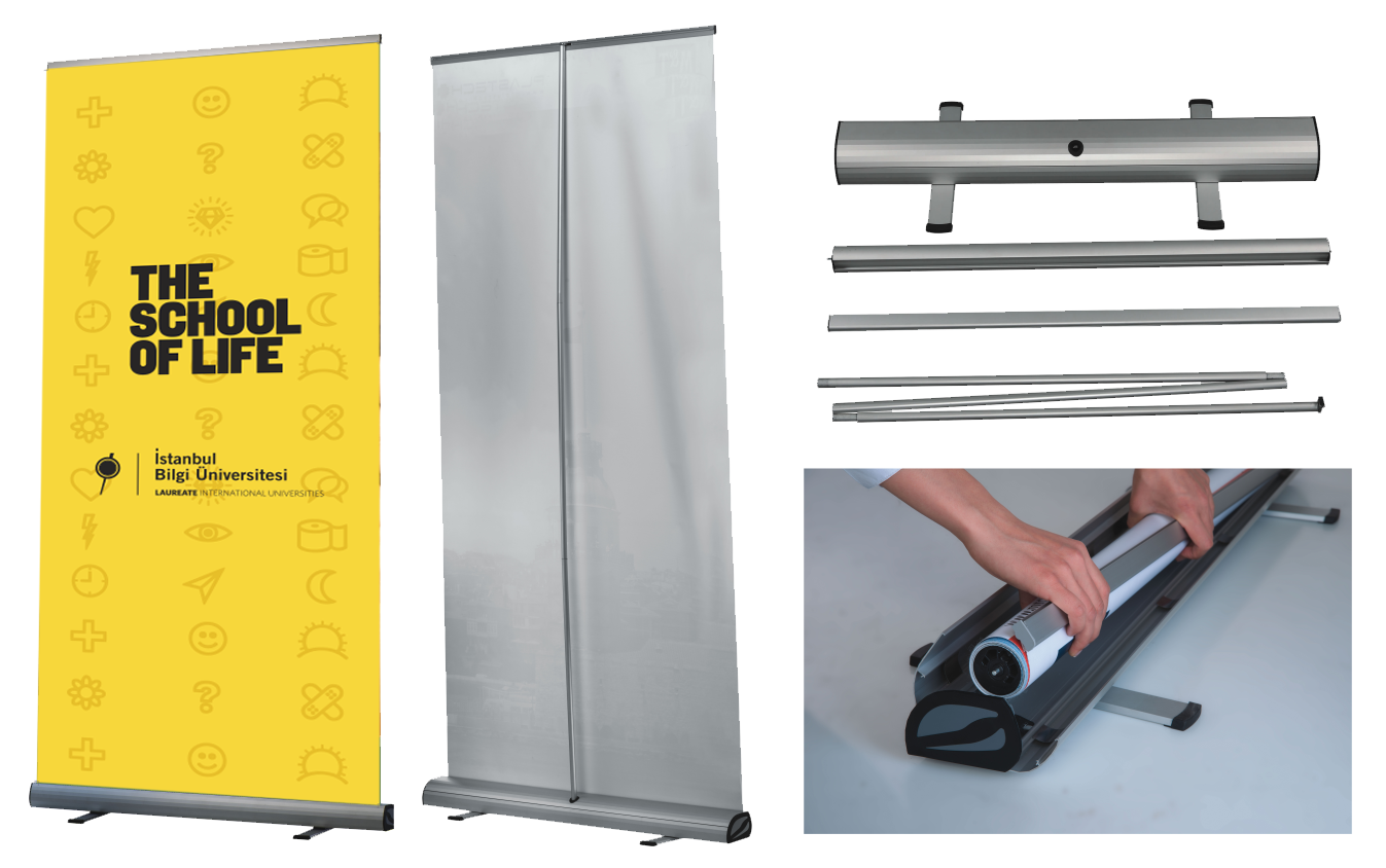 Yellow Roll-Up Banner Stand with Silver Base