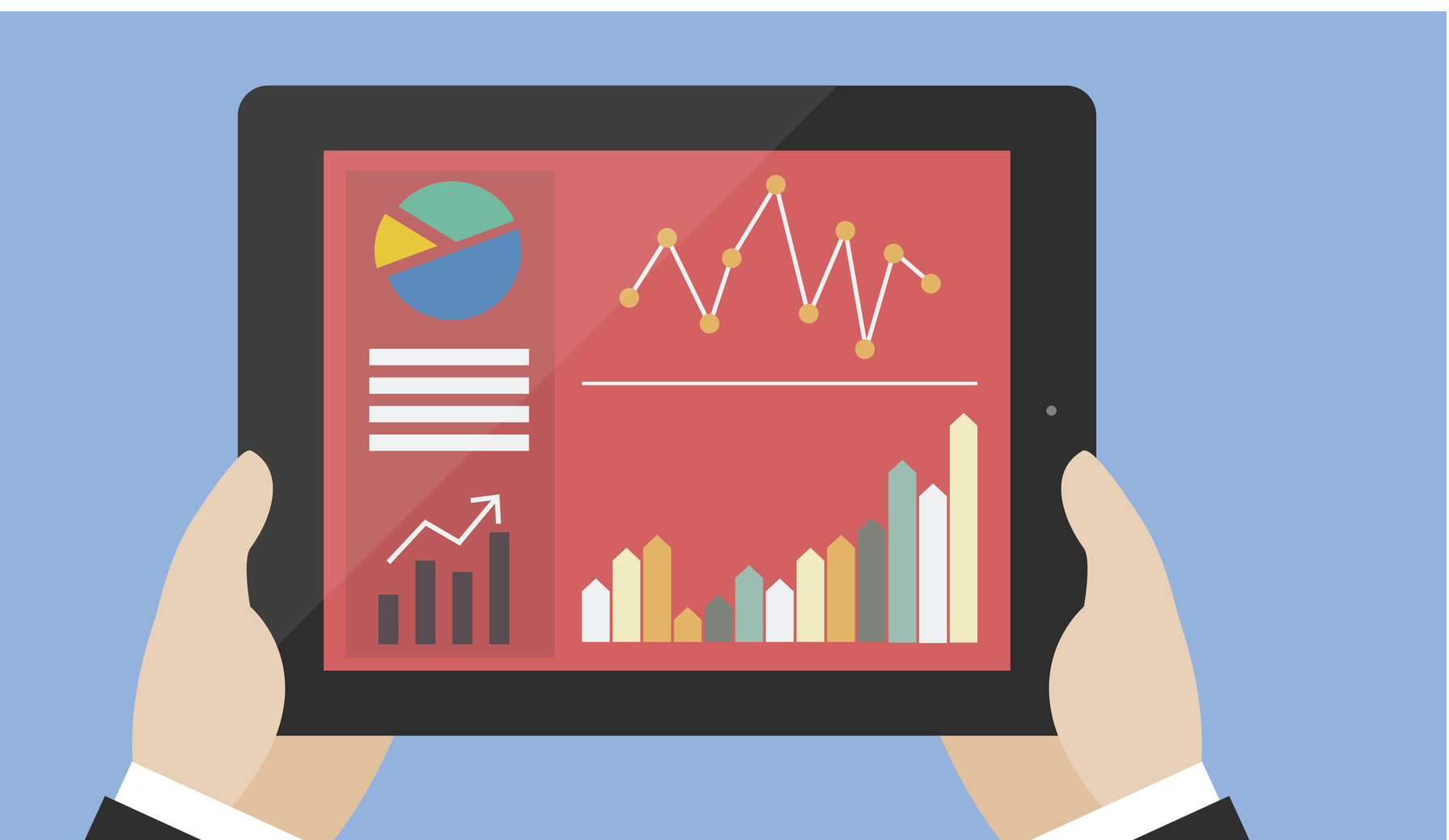 Hands Holding Tablet with Colorful Analytics Charts