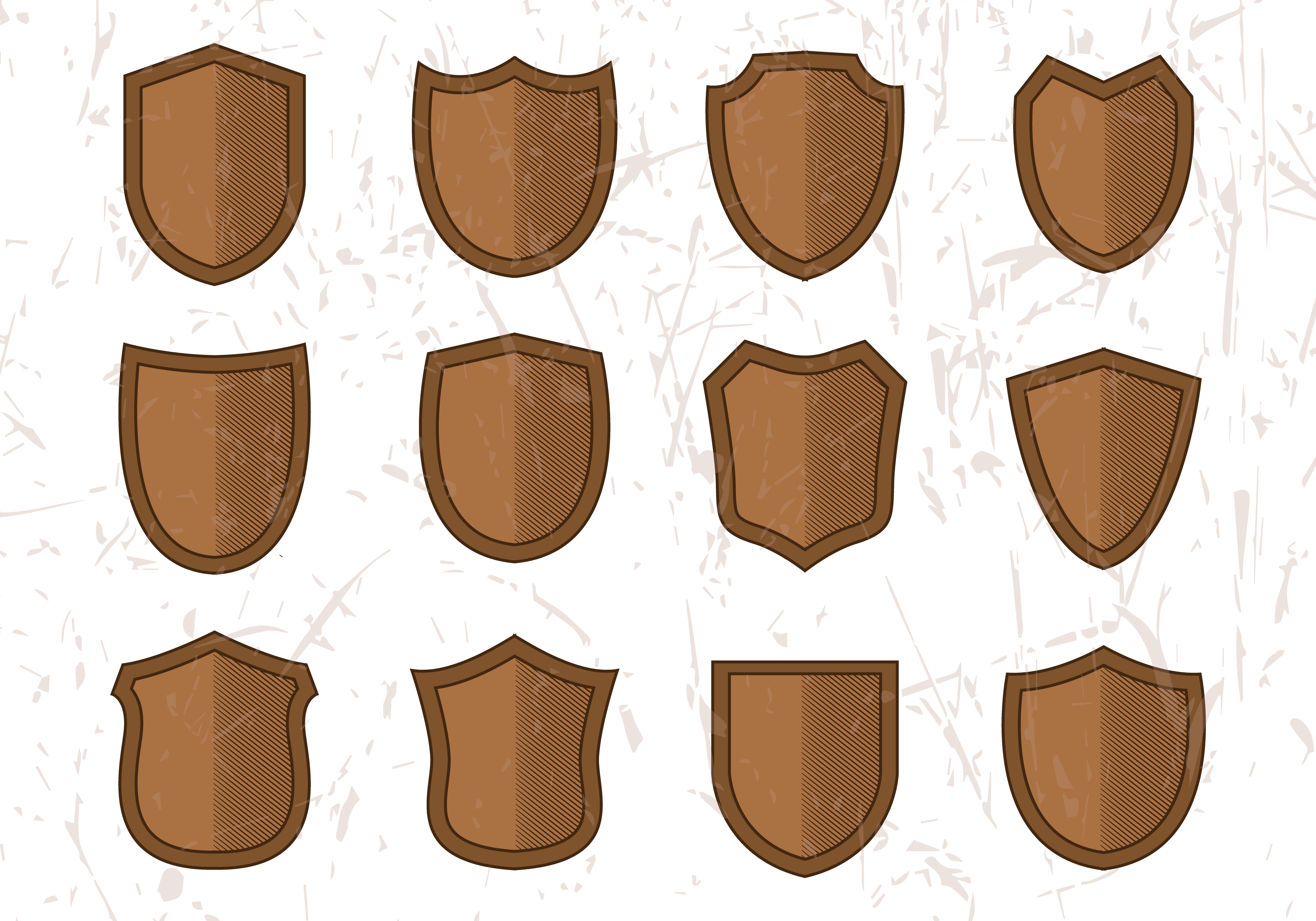 Twelve Brown Shield Badges with Hatching