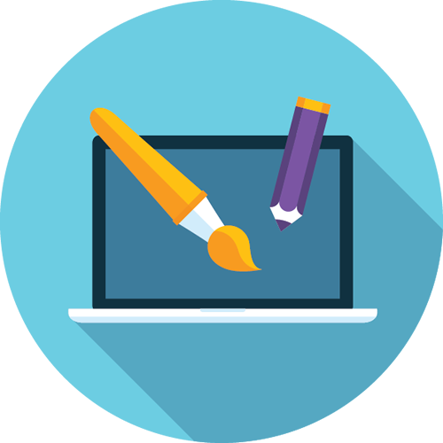 Laptop with Orange Paintbrush and Purple Pencil
