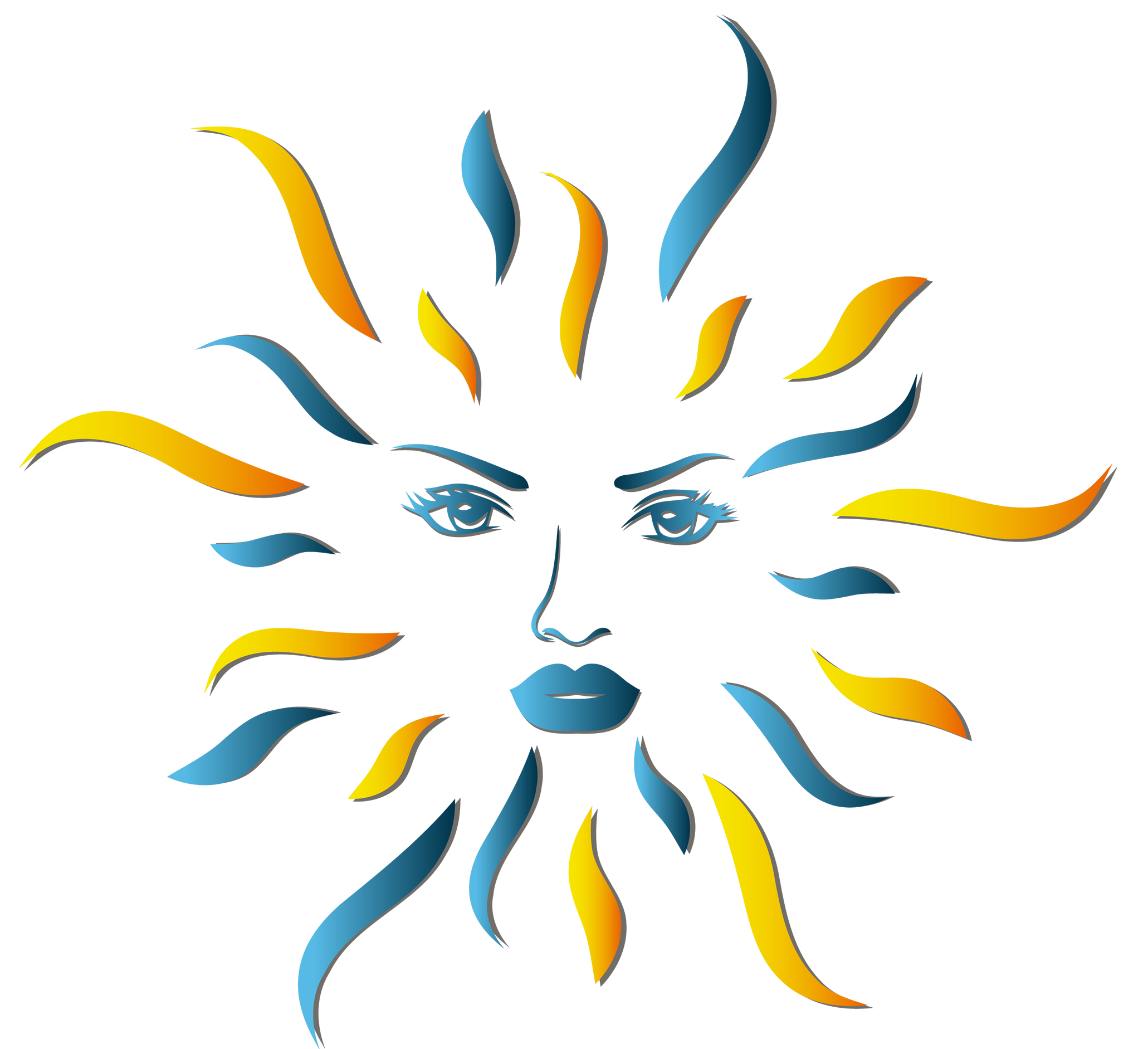 Stylized Sun Face with Blue and Orange Rays