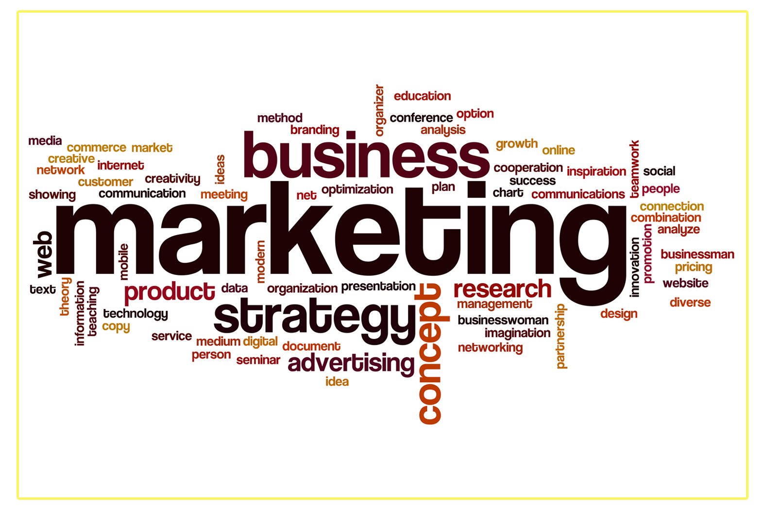Marketing Word Cloud in Maroon and Orange