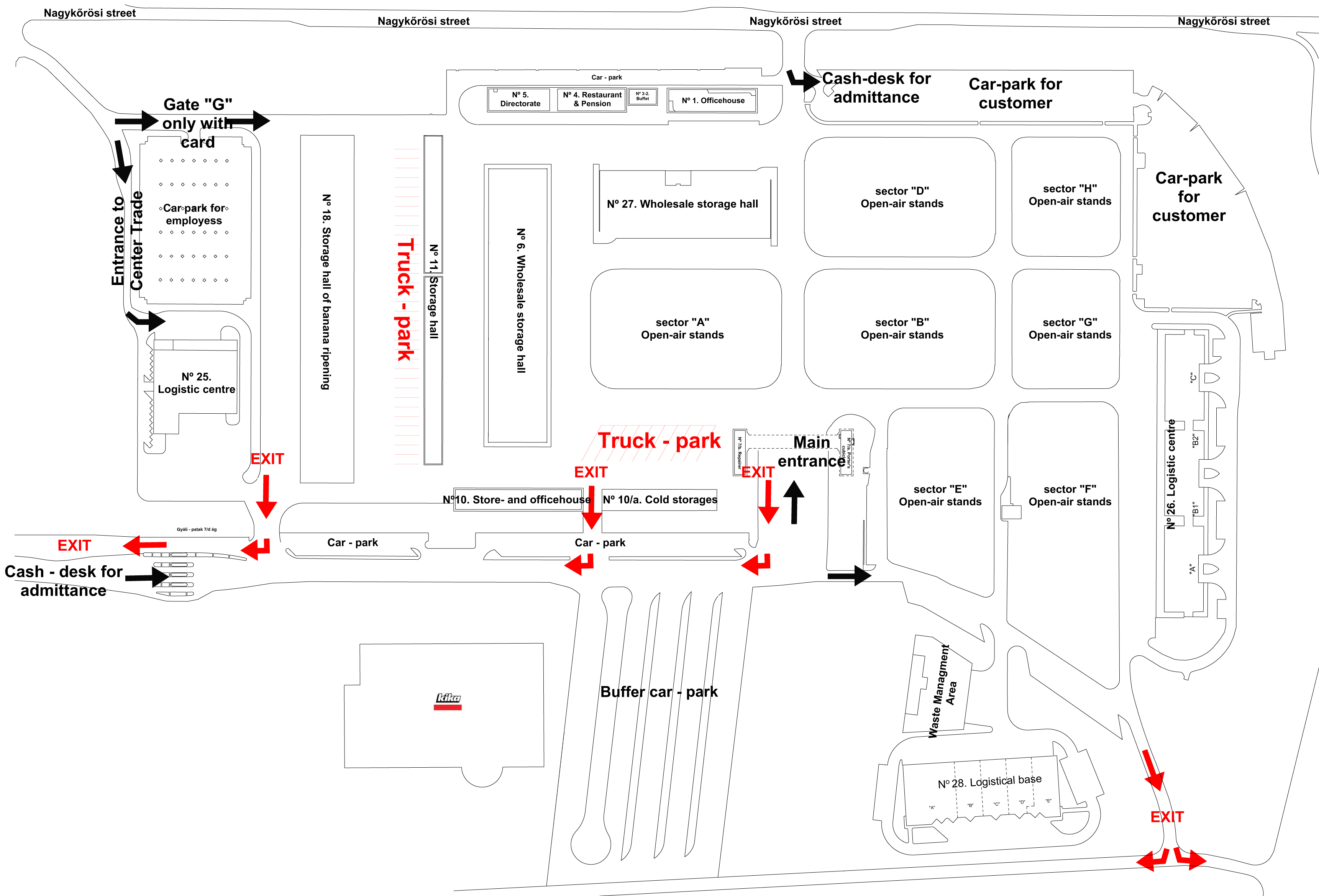 Wholesale Market Site Map with Red Exit Arrows