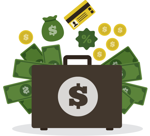 Brown Briefcase Overflowing with Cash and Coins