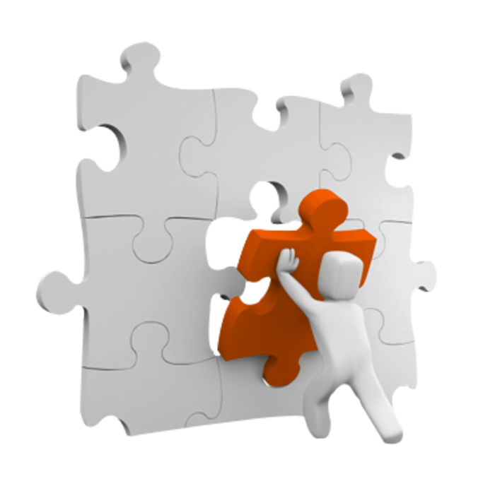 White 3D Figure Fitting Orange Puzzle Piece