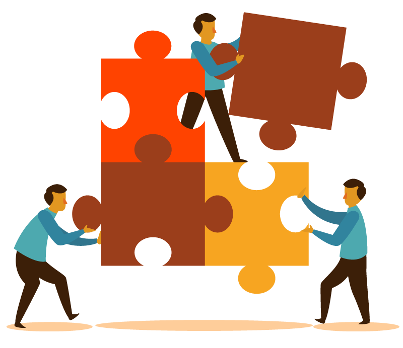 Three Figures Assembling Orange Brown Yellow Puzzle