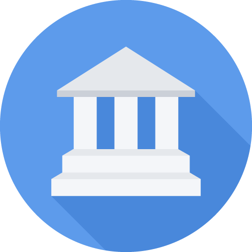 White Classical Bank Building Icon on Blue