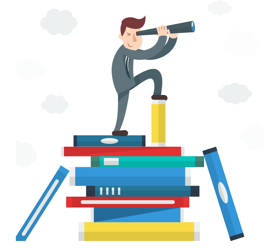 Cartoon Businessman with Spyglass on Books