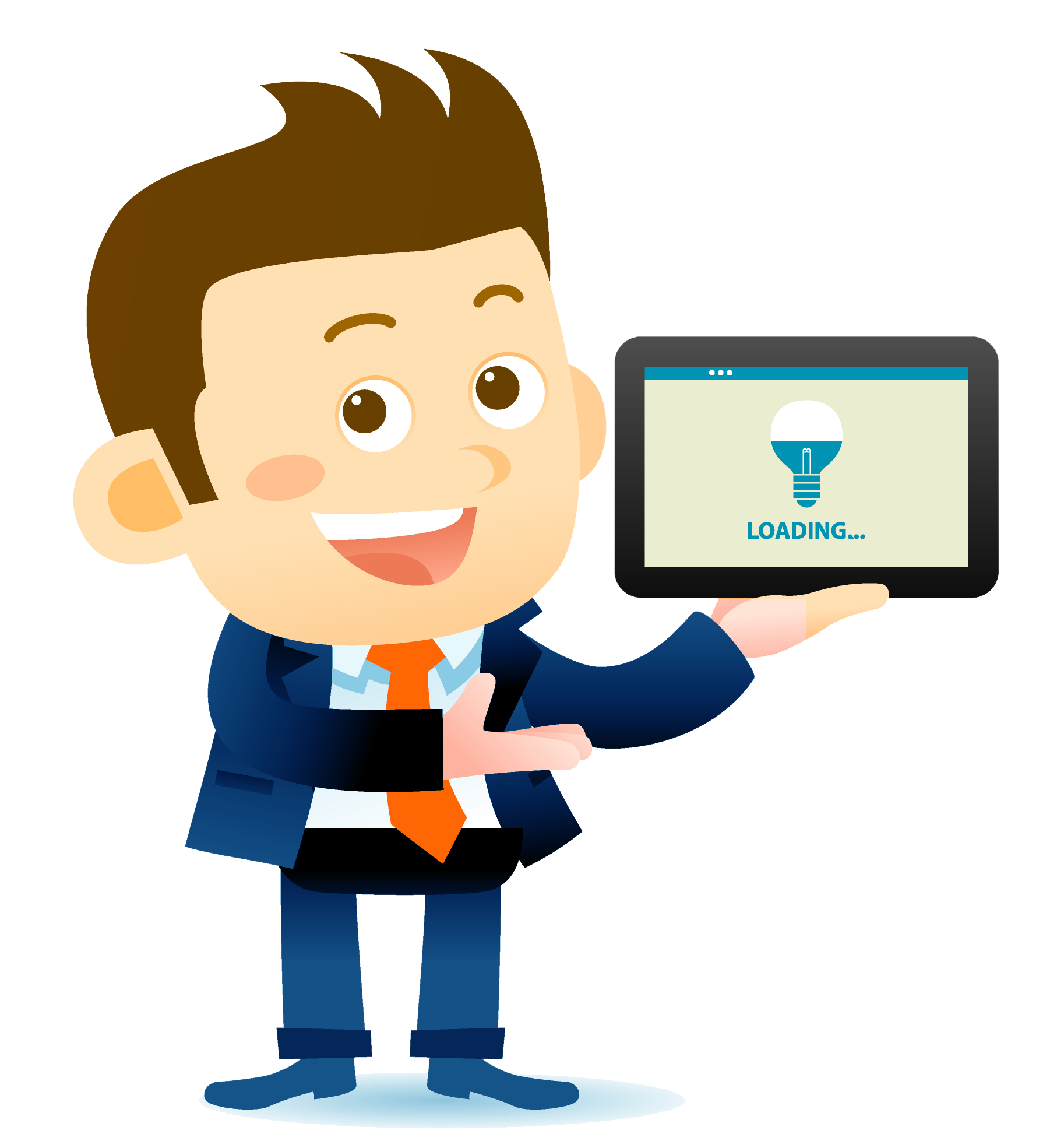 Cartoon Businessman Holding Tablet with Lightbulb