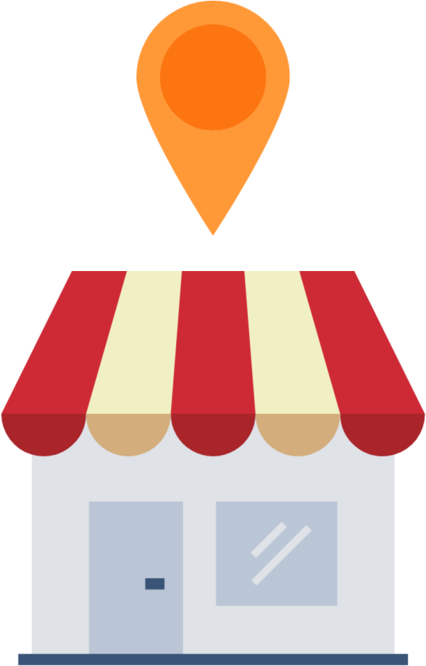 Orange Map Pin over Striped Awning Storefront