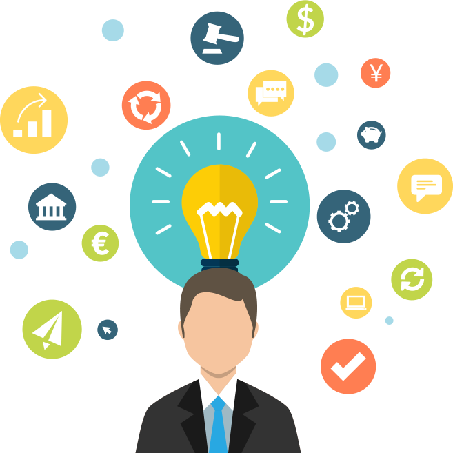 Businessman with Glowing Lightbulb Idea Icons