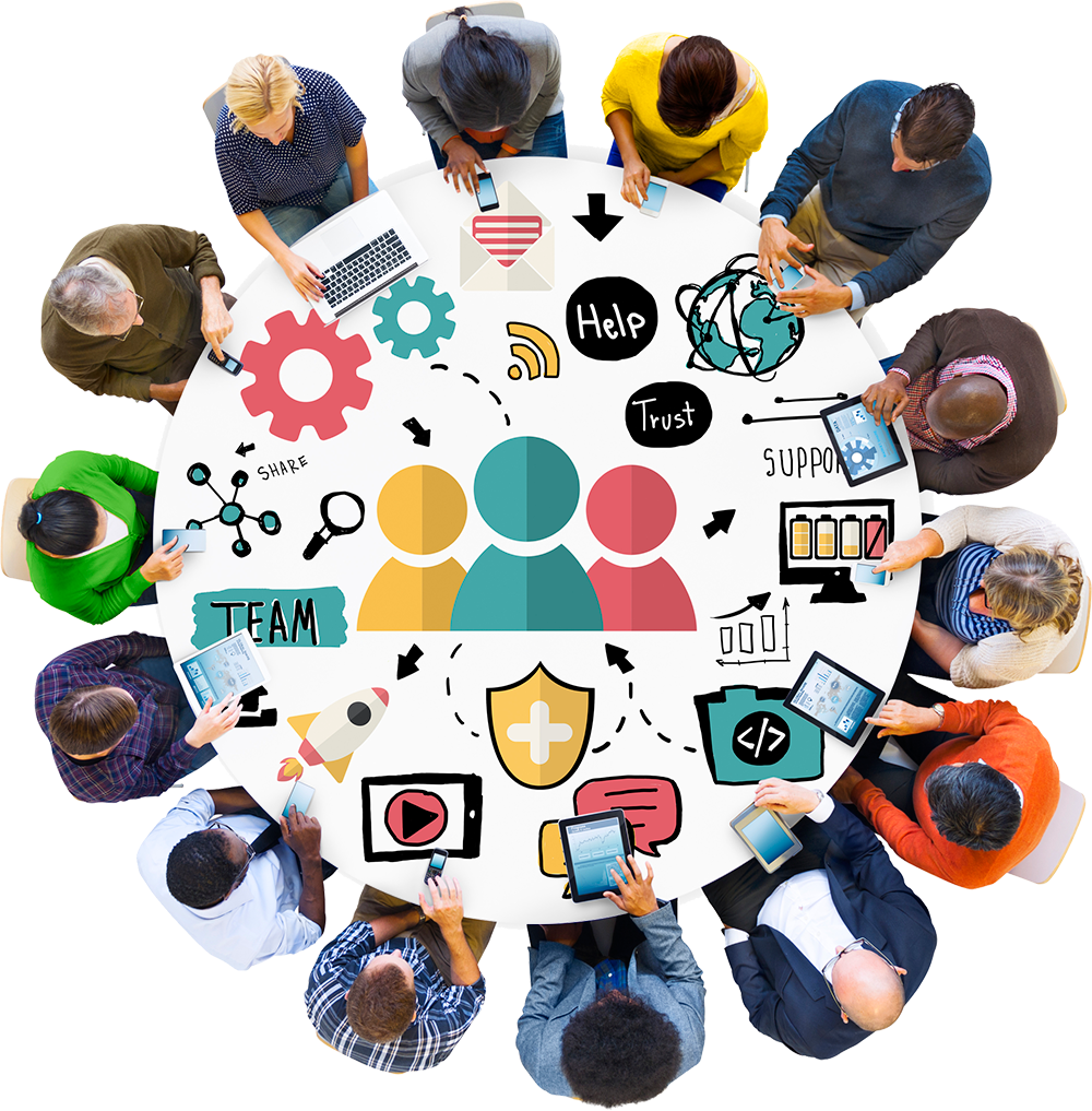 Diverse Team Around Round Table with Devices