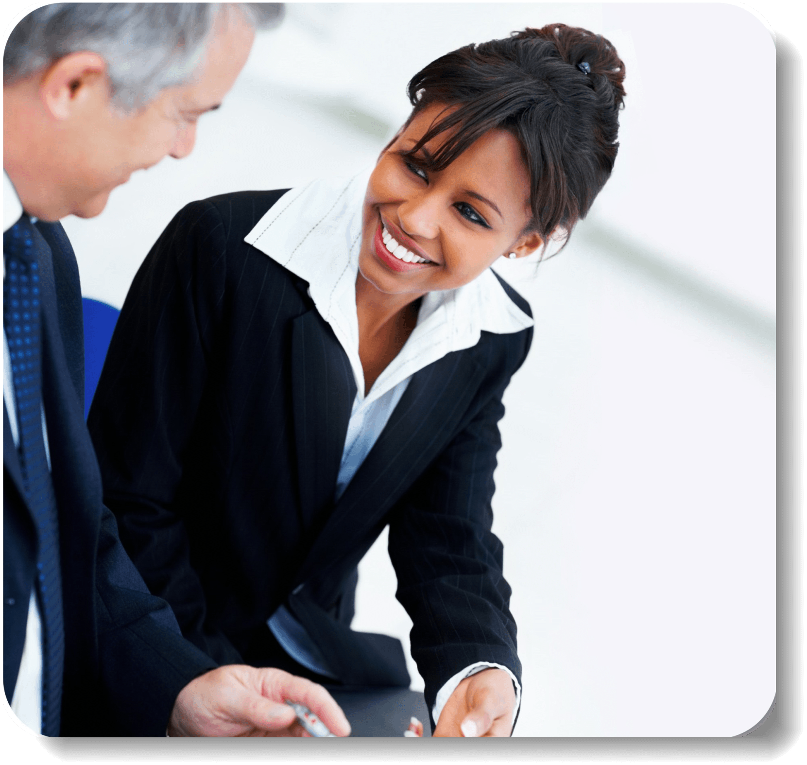 Smiling Businesswoman in Pinstripe Suit