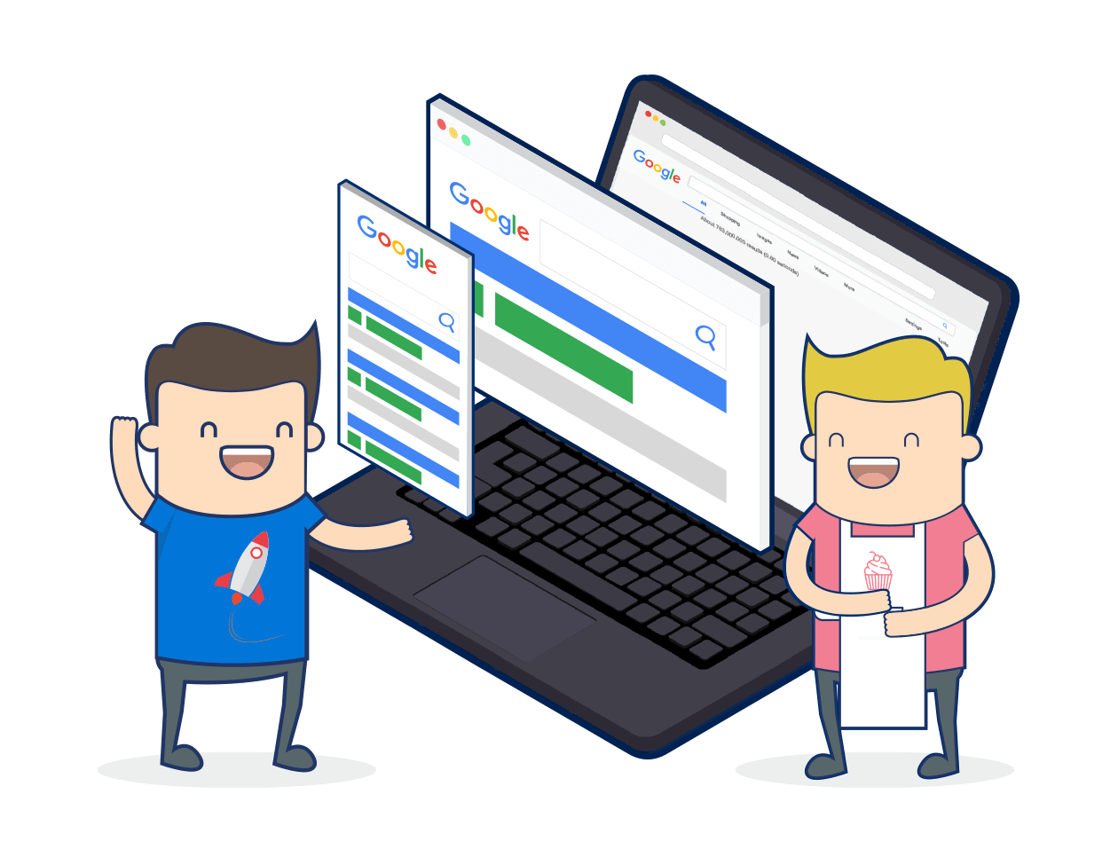 Cartoon Characters Beside Laptop with Search Results