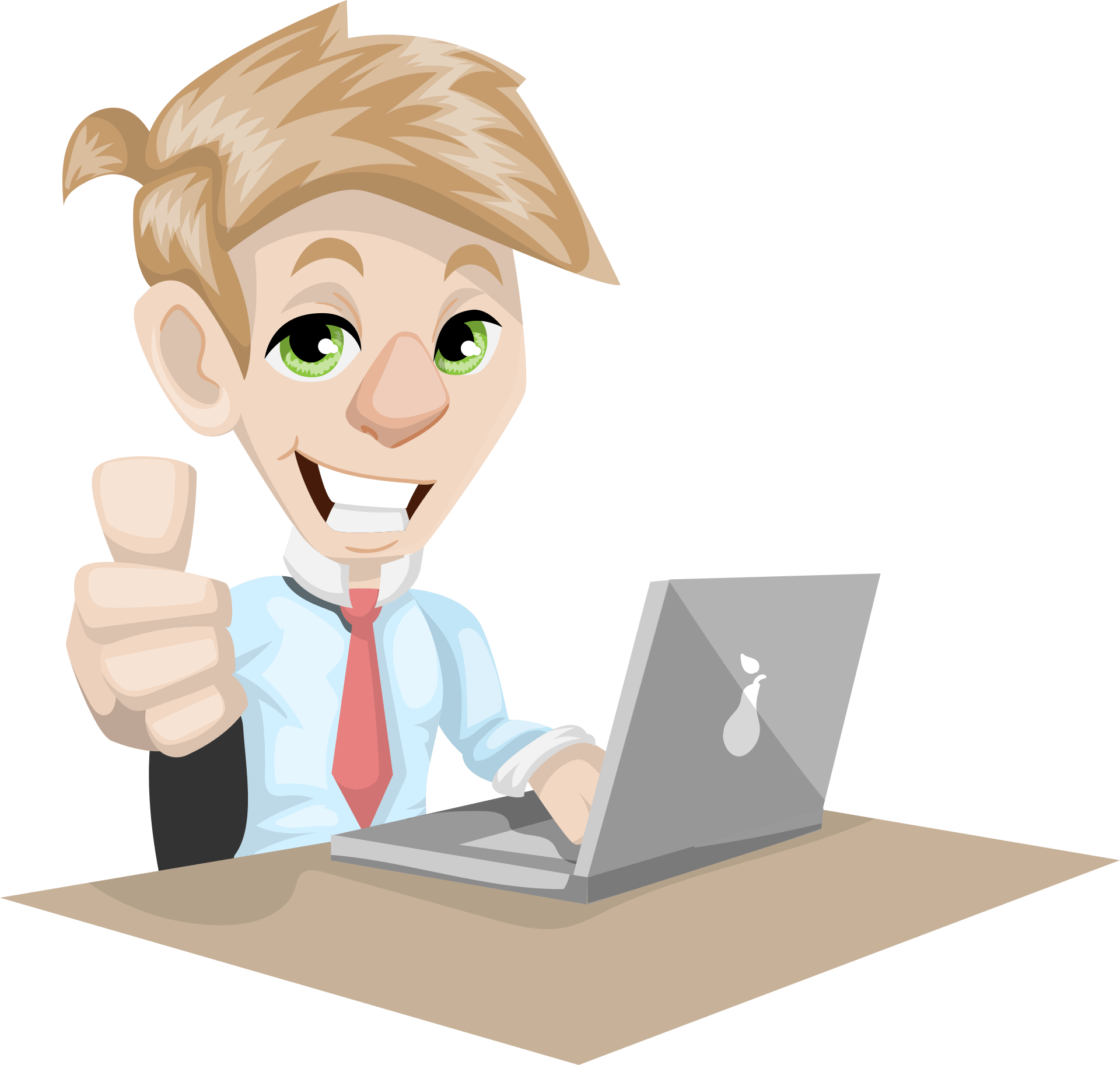 Cartoon Man Pointing at Silver Laptop