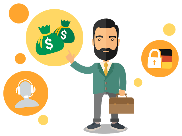 Cartoon Businessman Pointing at Money Bags