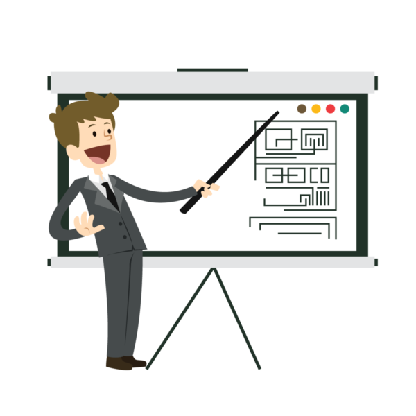 Cartoon Businessman Pointing at Wireframe Board
