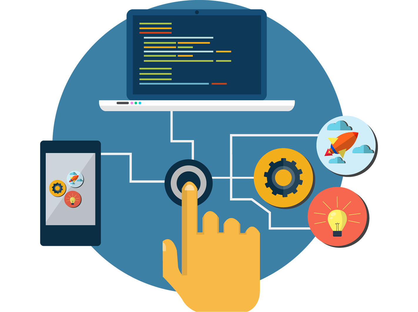 Flat Laptop, Gear and Rocket Workflow Icons