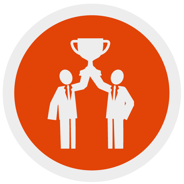 Suited Figures Lifting Silver Trophy in Orange