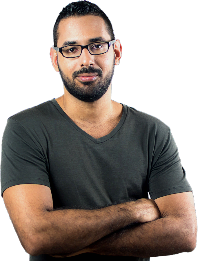 Bearded Man in Black Glasses, Arms Crossed