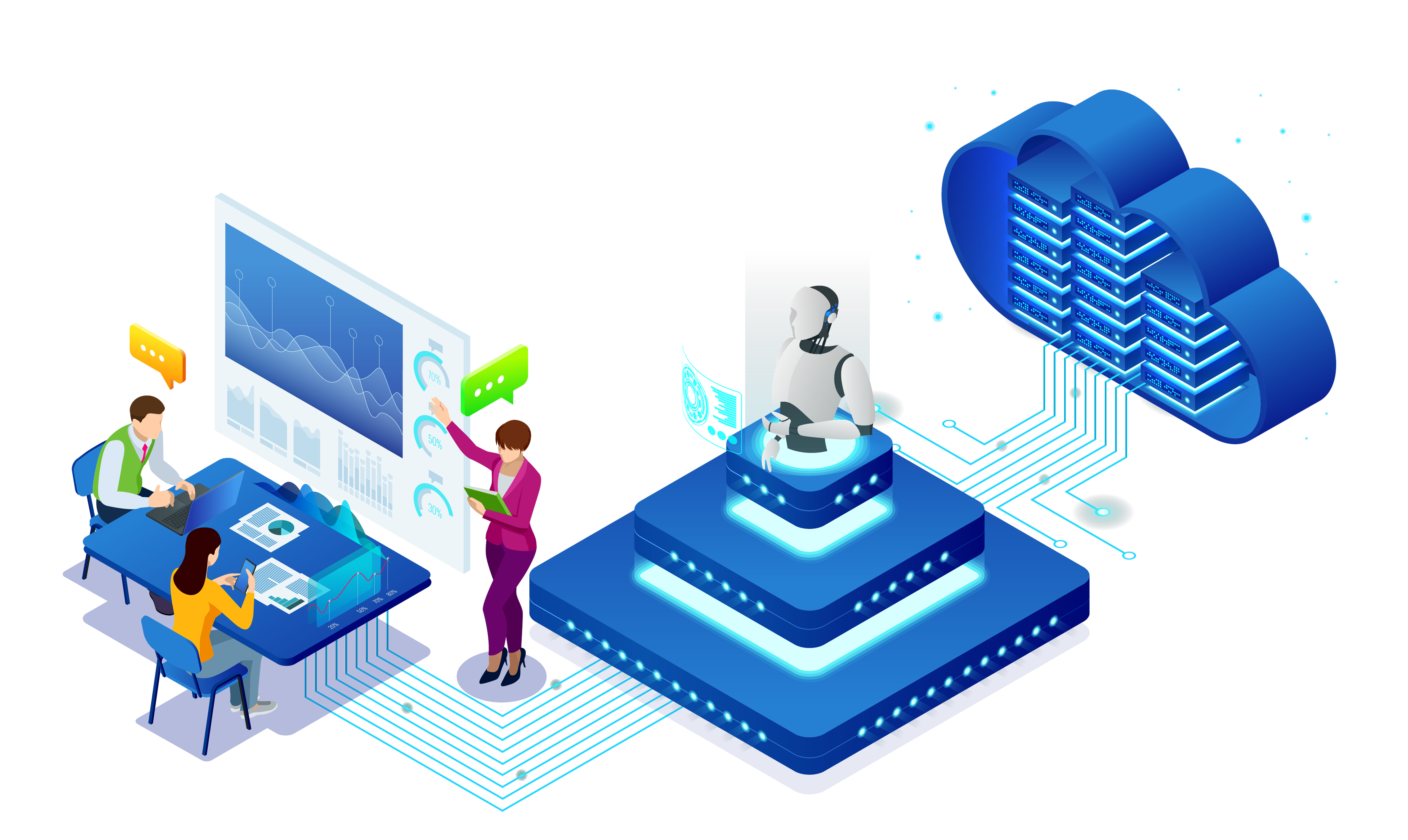 Isometric Robot and Glowing Server Racks