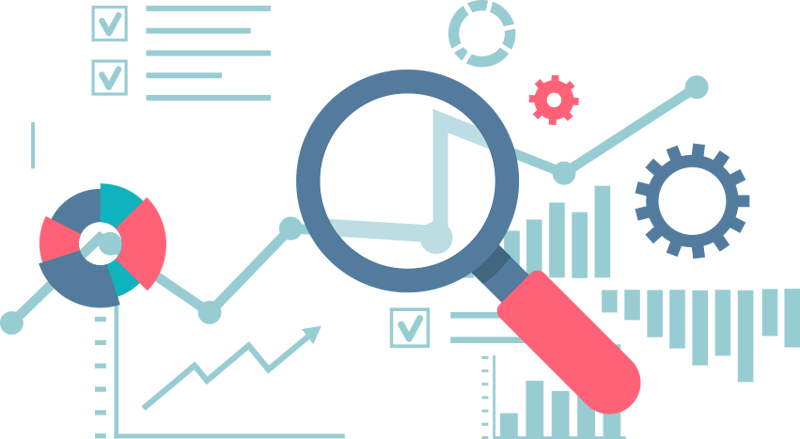 Magnifying Glass over Charts and Gears