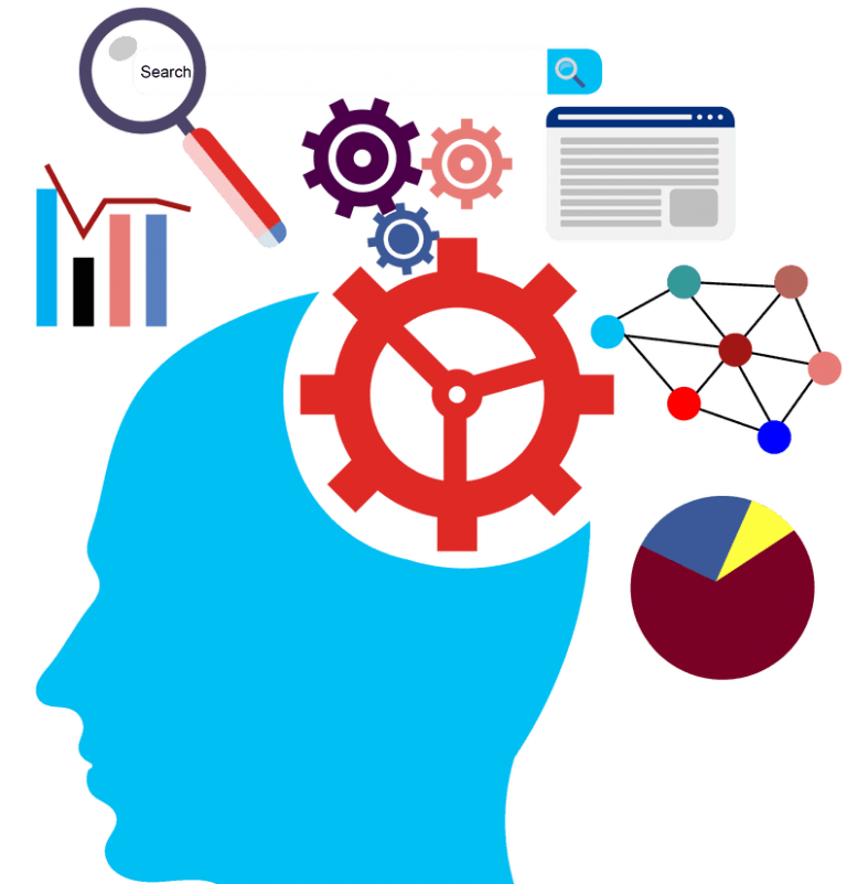 Blue Head Silhouette with Red Gears and Charts