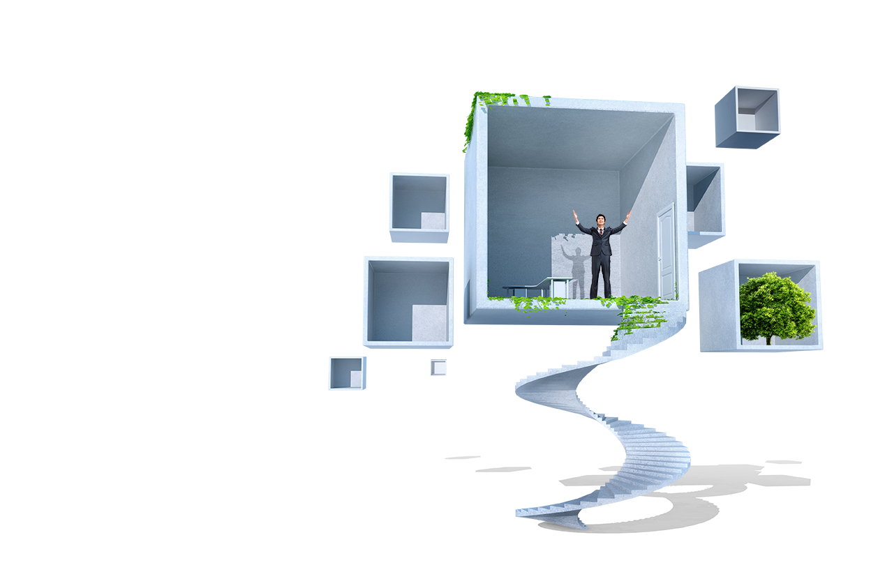 Businessman Arms Raised in Floating Cube Room