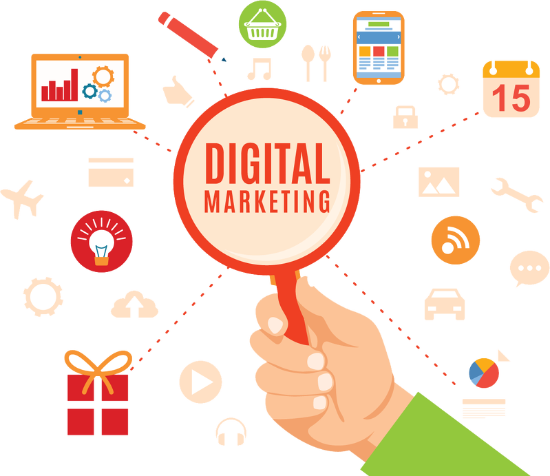 Hand with Magnifying Glass over Marketing Icons