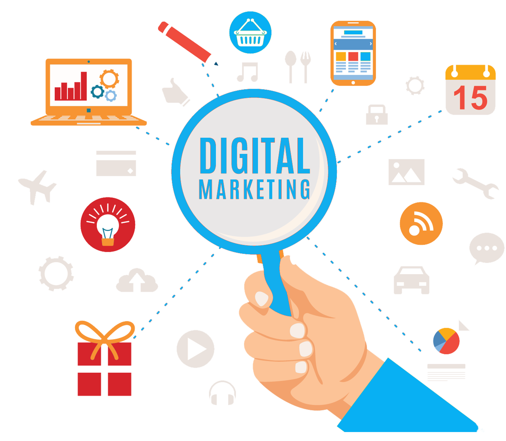 Hand Holding Magnifier over Digital Marketing Icons