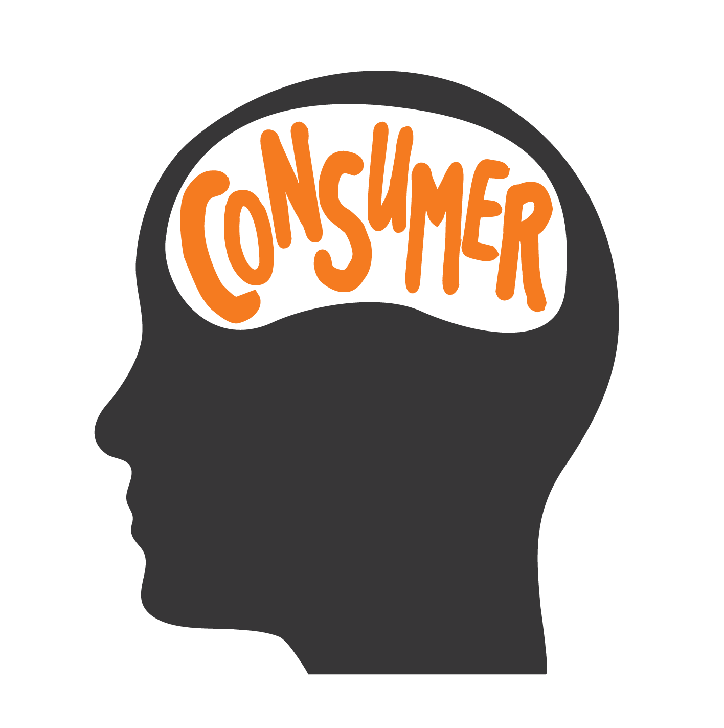 Head Profile Silhouette with Orange Consumer Lettering