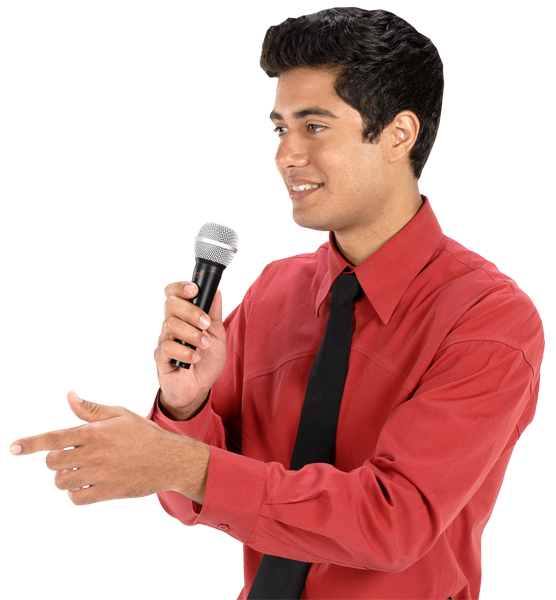 Smiling Man in Red Shirt with Microphone