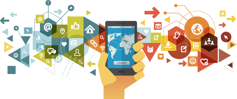 Hand Holding Smartphone with Colorful Marketing Icons