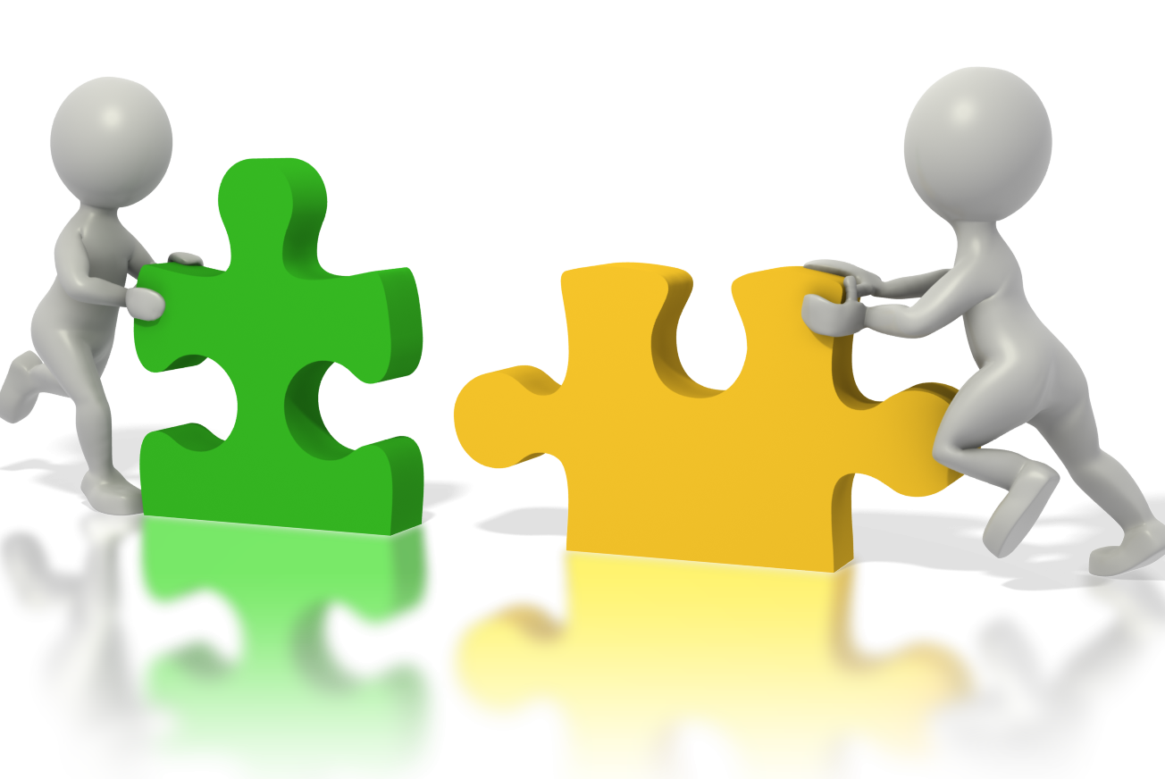 Grey 3D Figures Joining Green and Yellow Puzzle Pieces