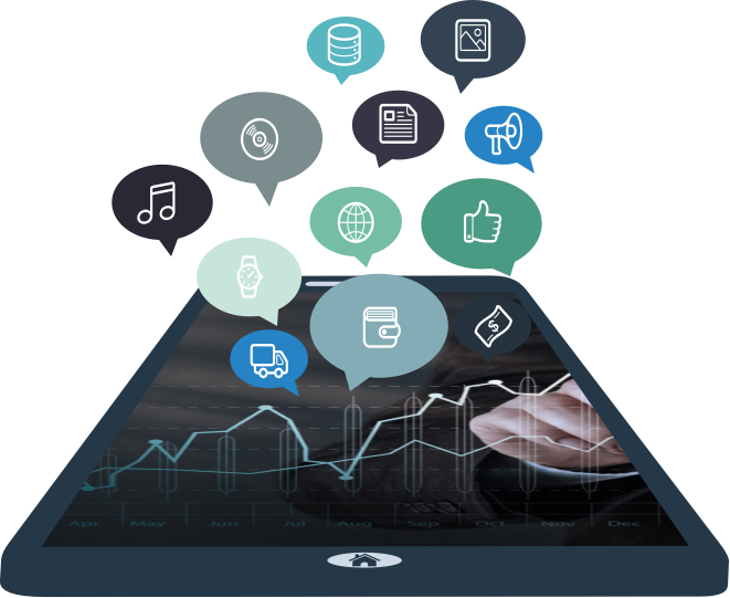Tablet with Floating Marketing Icon Bubbles