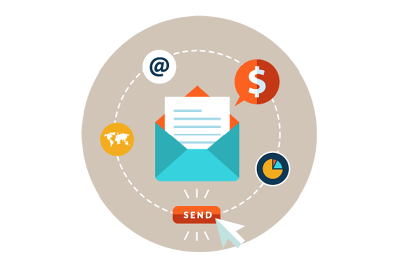 Flat Open Envelope with Floating Marketing Icons