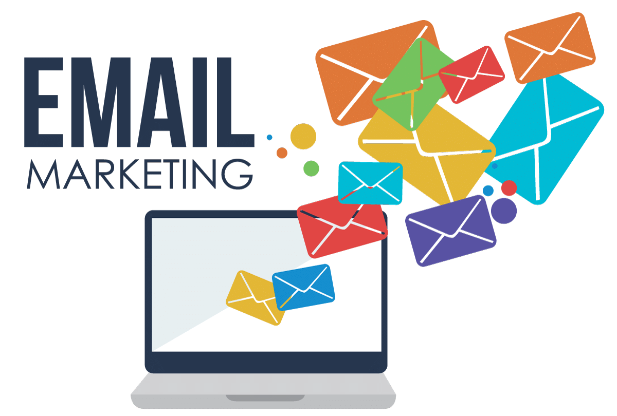 Email Marketing Laptop with Flying Colorful Envelopes