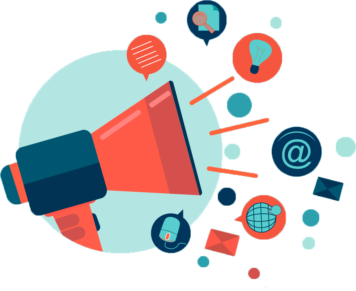 Coral Megaphone with Teal Marketing Icons