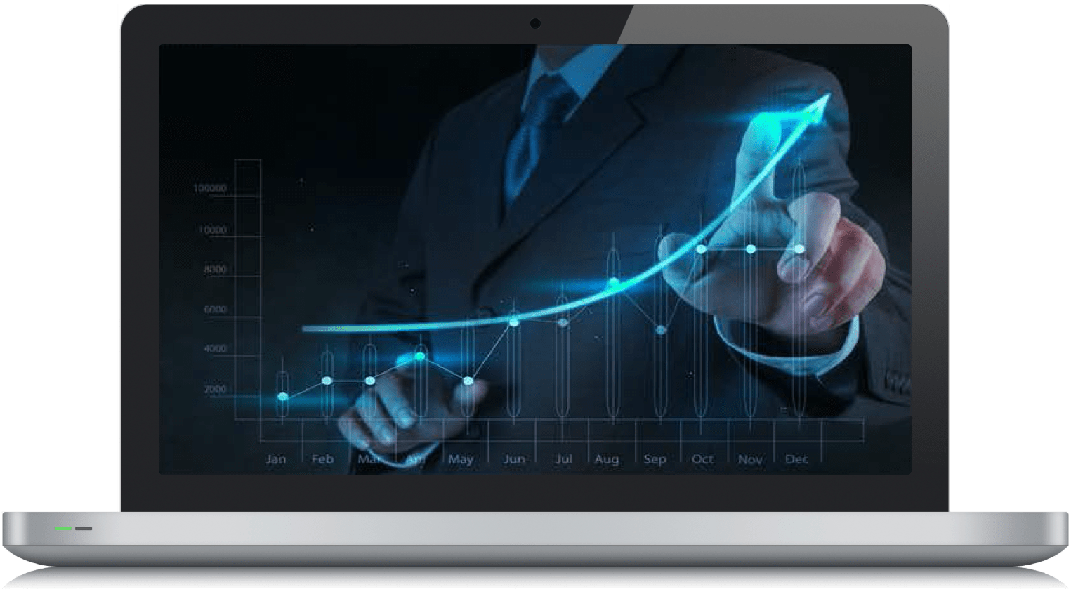 Laptop with Glowing Blue Growth Arrow